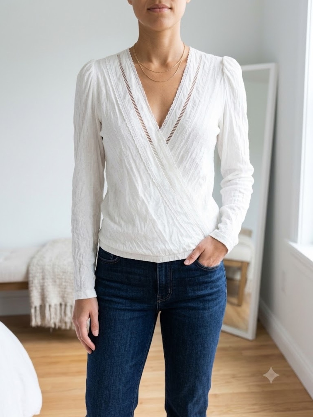 Lace-Trim White Wrap V-Neck Blouse